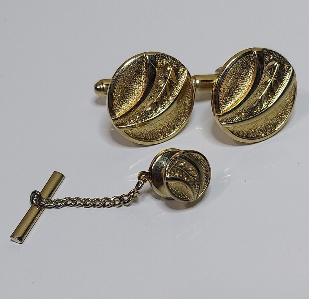 SET Cuff links Tie Tac Brushed with leaf pattern 3/4"